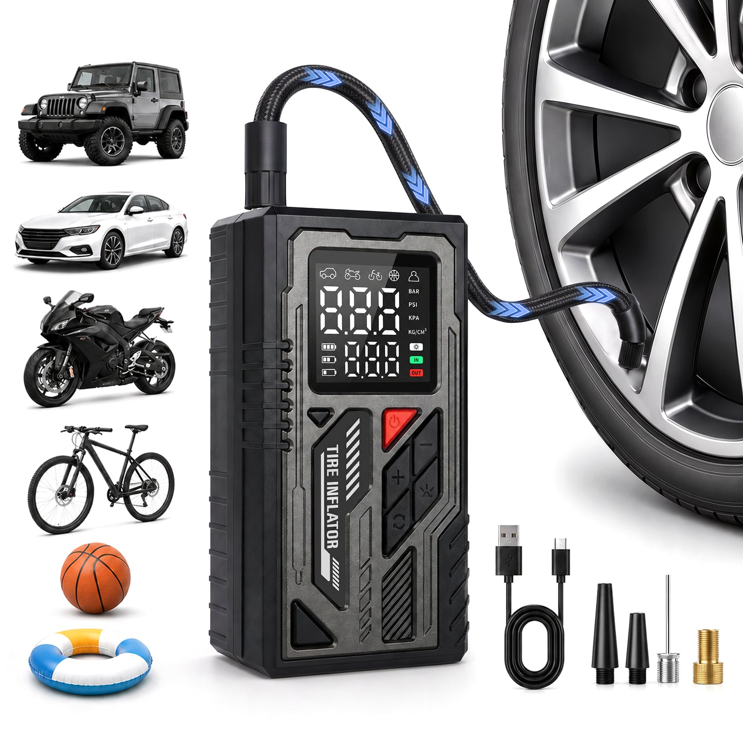Tire Inflator Portable Air Compressor, High-Speed 150PSI Cordless Air Pump for Car Tires with Powerful Battery, Auto Shut-Off - Portable Tire Pump for Car, Bike, Motorcycle and Balls