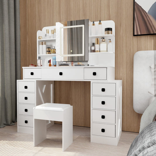 Farmhouse Vanity Desk With Sliding Mirror,Lights And Charging Station,Makeup Table Desk With Dimmable Led Light & Sponge Soft Stool, Makeup Vanity with 11 Drawers for Bedroom, White