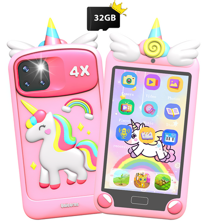 Merryhome Kids Smart Phone for Girls with 4.0" Large Touchscreen, 32G Card Christmas Birthday Gifts for Age 3-10 Kid Toys Cell Phone with Holographic Pyramid, Dual Lens, Music Player Pink