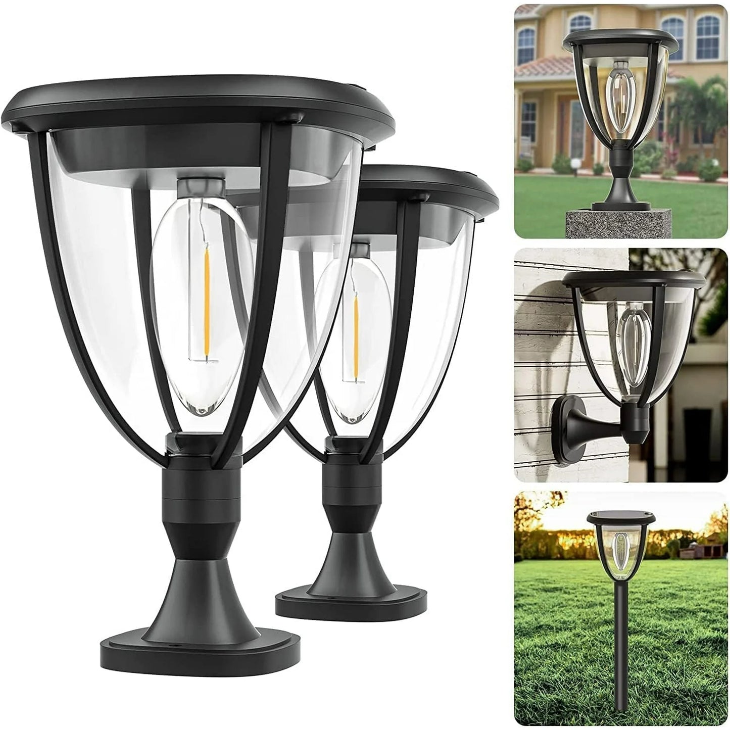 3 in 1 Solar Lights Outdoor Decorative, Solar Pathway Lights, Solar Post Lights, Solar Wall Light with 2 Modes, IP65 Waterproof, Outdoor Solar Garden Lights for Fence Patio Garden Yard Decor, 2pcs