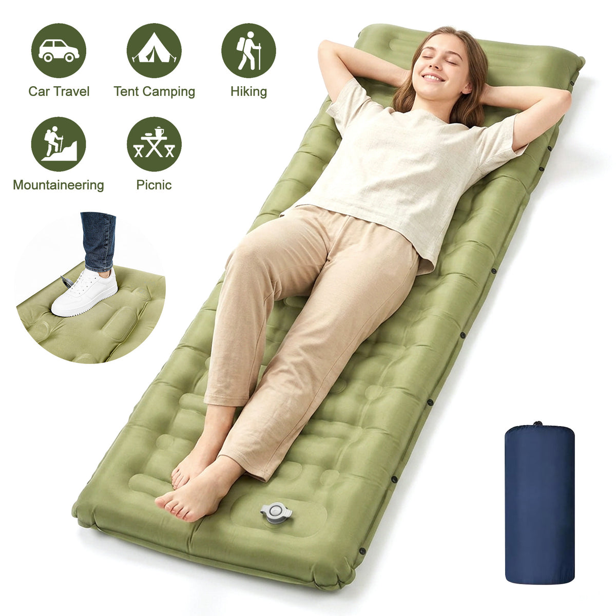 Merryhome Sleeping Mat for Camping,6" Extra-Thick Reinforced Sleeping Pad with Pillows & Built-in Foot Pump,Ultralight Self Inflating Air Mattress Mat for Tent Hiking Essentials Gear（Single,Green）