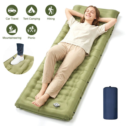 Merryhome Sleeping Mat for Camping,6" Extra-Thick Reinforced Sleeping Pad with Pillows & Built-in Foot Pump,Ultralight Self Inflating Air Mattress Mat for Tent Hiking Essentials Gear（Single,Green）