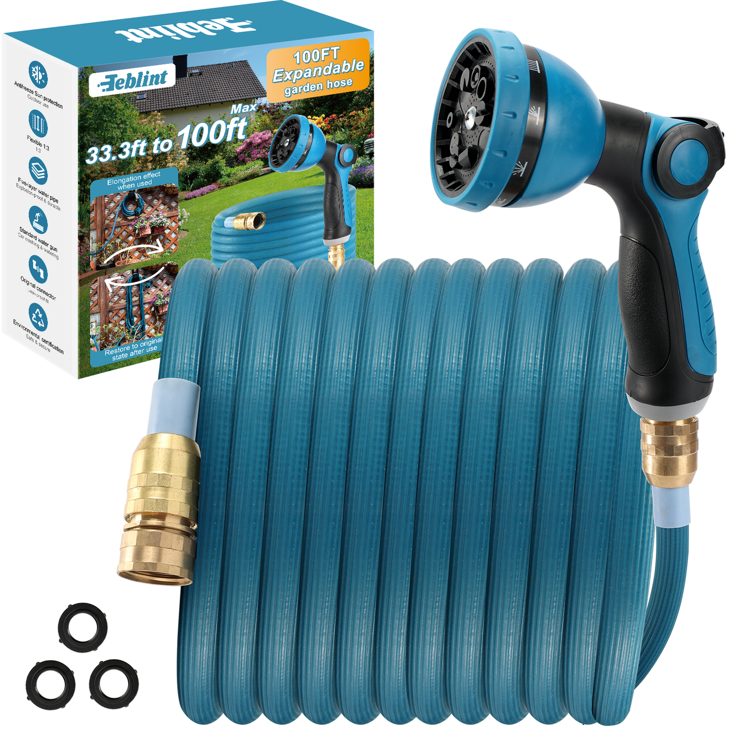 Teblint Expandable Garden Hose 50ft, 2025 New 3X Expandable Hose, Retractable Flexible Water Hose, 10 Pattern Spray Nozzle, Leakproof 3/4" Solid Brass Fittings, Lightweight & No-Kink(Blue)