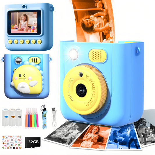 Teblint 2.4" Kids Camera Instant Print, 48MP & 1080P HD Digital Camera with 32GB Card, 3-Color Print Paper, Silicone Cover, Christmas Birthday Gifts for Boys & Girls Age 3-12, Blue