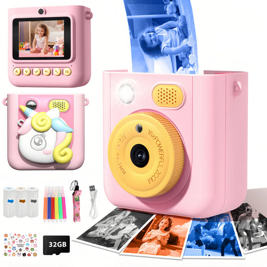Teblint 2.4" Kids Camera Instant Print, 48MP & 1080P HD Digital Camera with 32GB Card, 3-Color Print Paper, Silicone Cover, Christmas Birthday Gifts for Boys & Girls Age 3-12, Pink
