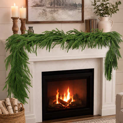PUCACHI 9 Ft Christmas Garland,Artificial Norfolk Pine Garlands,Real Touch Winter Pine Garland,Artificial Greenery Garland for Table,Mantle,Indoor,Outdoor Christmas Decorations（Green,1Pcs）