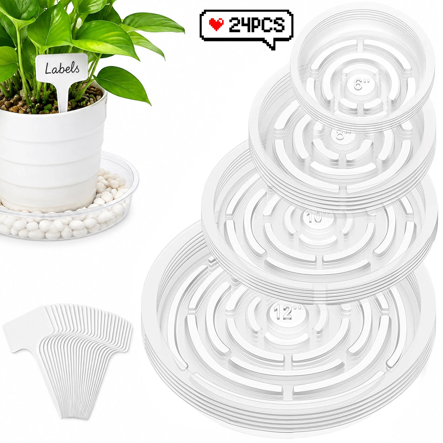 24-Pack Clear Plant Saucer, 6/8/10/12 inch Flower Pot Saucers Plastic Plant Drip Trays with 24 Pcs Plant Labels, for Indoor & Outdoor Garden
