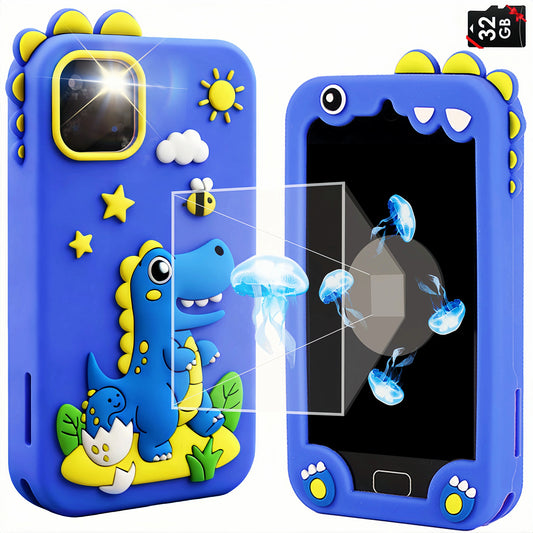 Teblint Kids Smart Phone with Holographic Pyramid, 4" Touchscreen Toddler Learning Play Toy, Kids Cell Phone Toy with 32 GB Card, Christmas Birthday Gift for Ages 3-12, Dual Camera, Music Player