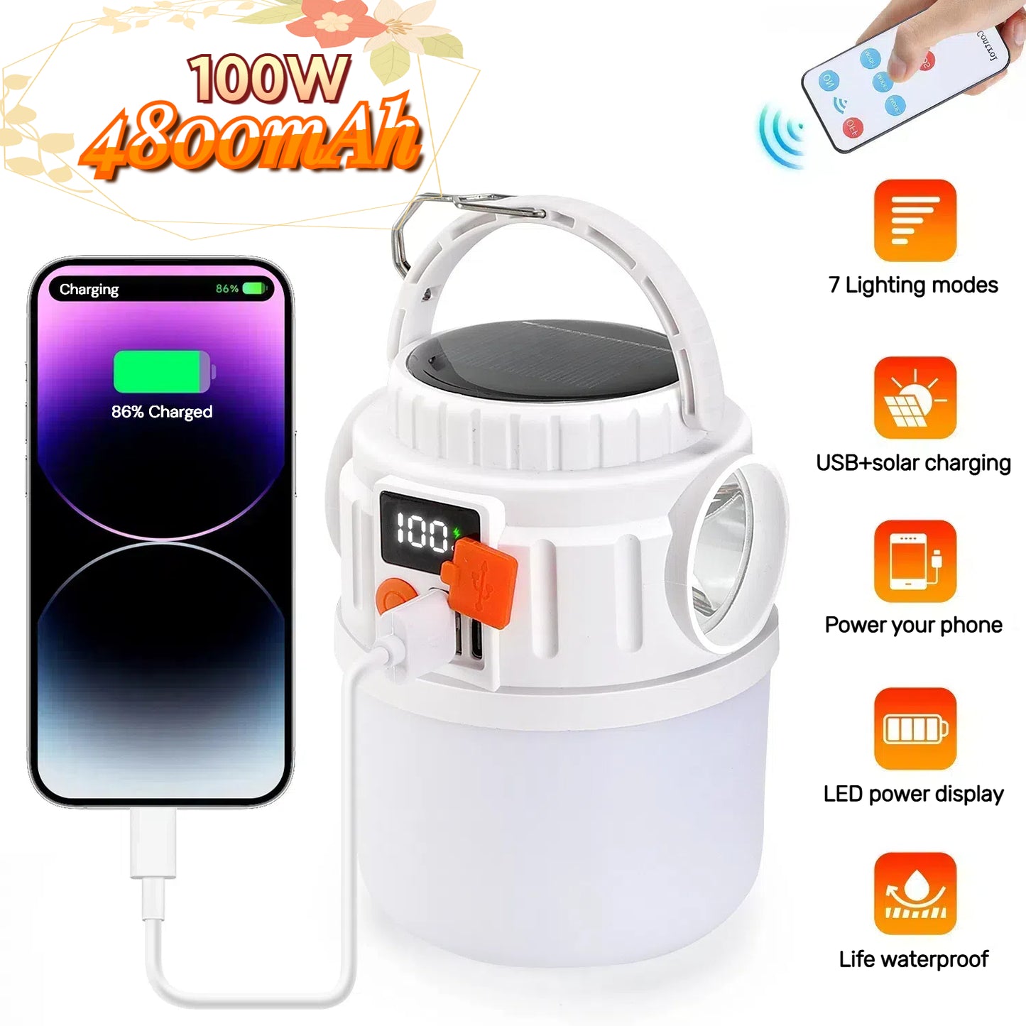 Teblint LED Camping Lantern, 7 Light Modes Camping Light, 5000mAh Solar Tent Lights with Flashlight, Rechargeable Emergency Lantern for Power Outage Hurricane Hiking Fishing, Camping Essentials