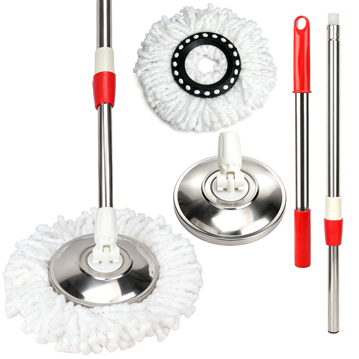 Spin Mop Replacement Handle,47 inch 360°Rotating Telescopic Replacement Mop Stick with 1 Stainless Steel Disc Base - 3 Microfiber Mop Replacement Heads,Suitable for Floors,Walls,Outdoor Areas