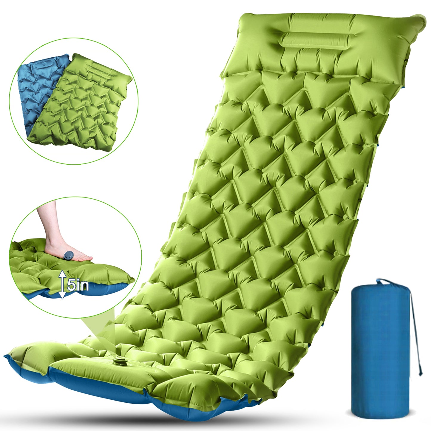 Henotian Camping Sleeping Pad, Ultralight Camping Mat with Pillow Built-in Foot Pump Inflatable Sleeping Pads Compact for Camping Backpacking Hiking Traveling Tent