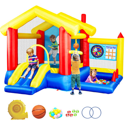 WHATOOK 8 in 1 Inflatable Bounce House with Blower Basketball Hoop Ocean Balls Ring-toss Game Target and Sticky Ball Game for Kids