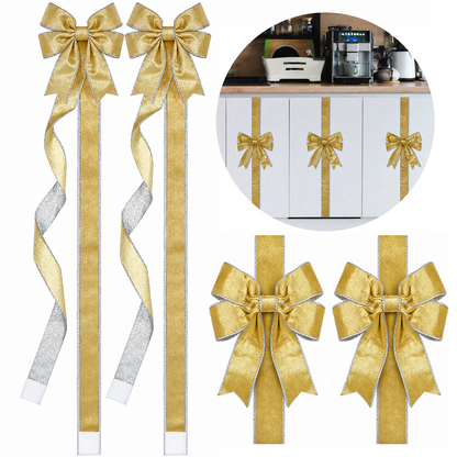 PUCACHI 6 Pcs Christmas Cabinet Door Bows,8x40 Inches Festive Ribbons Large Door Ribbon Party Decorations,for Cabinets Furniture and Kitchen Christmas Party Decorations（Gold）