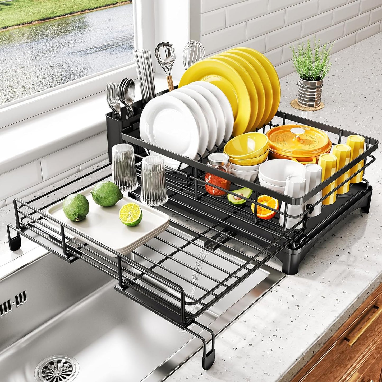 Teblint 2 Tier Dish Racks for Kitchen Counter, Expandable Dish Drying Rack with Dish Drainer, Detachable Dish Dryer for Kitchen Organizer, Rust-Resistant Dish Rack Drain Set with Utensil Holder