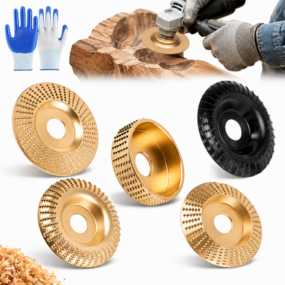 Angle Grinder Polishing Pad, 5PCS Wood Carving Disc Set with Gloves, Carbon Steel Grinding Shaping Wheel for 4-1/2 Inch Grinder, Stump Sanding Polishing Kit