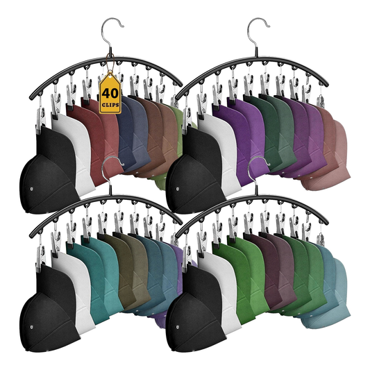 Hat Rack for Closet 4-Pack Metal Hat Organizer with 40 Clips for Baseball Caps, Cowboy Hats, Belts Accessories, Space-Saving No Assembly,Black