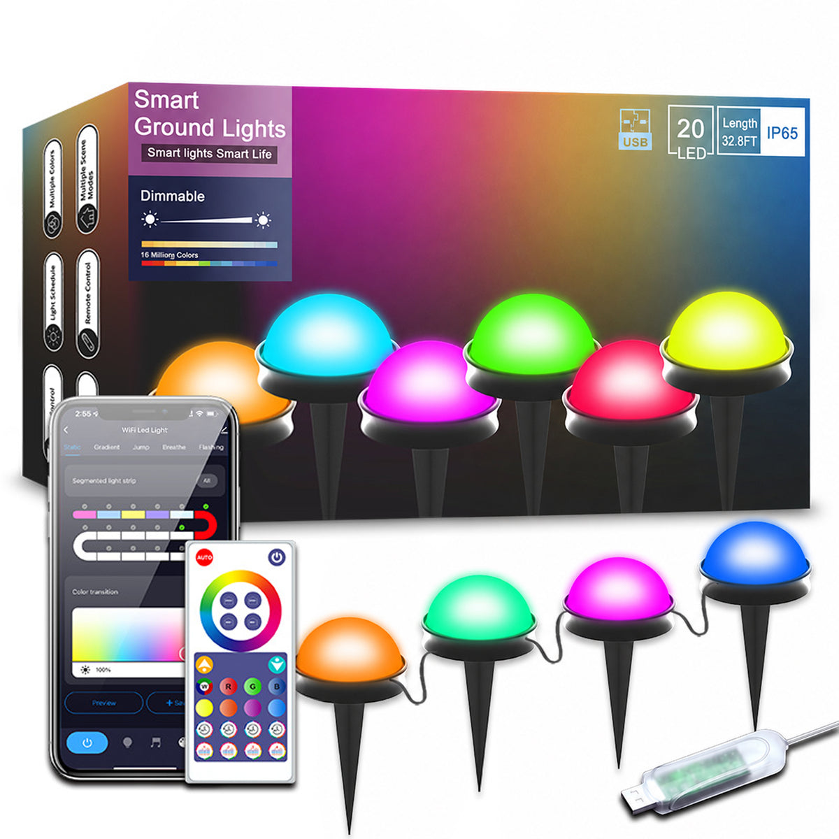 Kidsjoy Smart Lighting Outdoor Ground Lights, 32.8ft 20 LED Color Changing Lights, USB Powered, App/Remote Control, Timer, Waterproof Yard Walkway Lighting