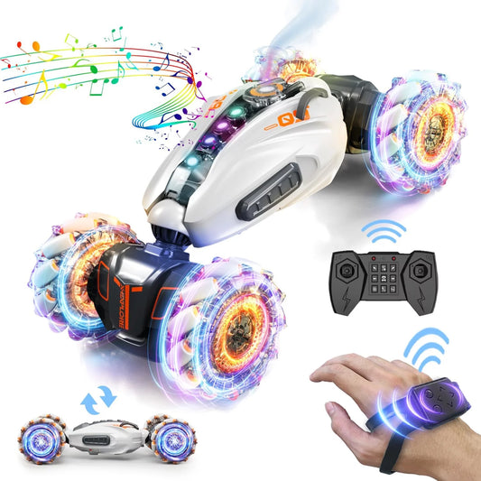 Teblint RC Stunt Cars, 2.4GHz 4WD Remote Control Cars, Gesture Sensing Toy Cars, Double Sided Driving, 360 °Rotation, Hand-Controlled Car with Spray, Music & Lights, Gifts for Boys & Girls (Gray)