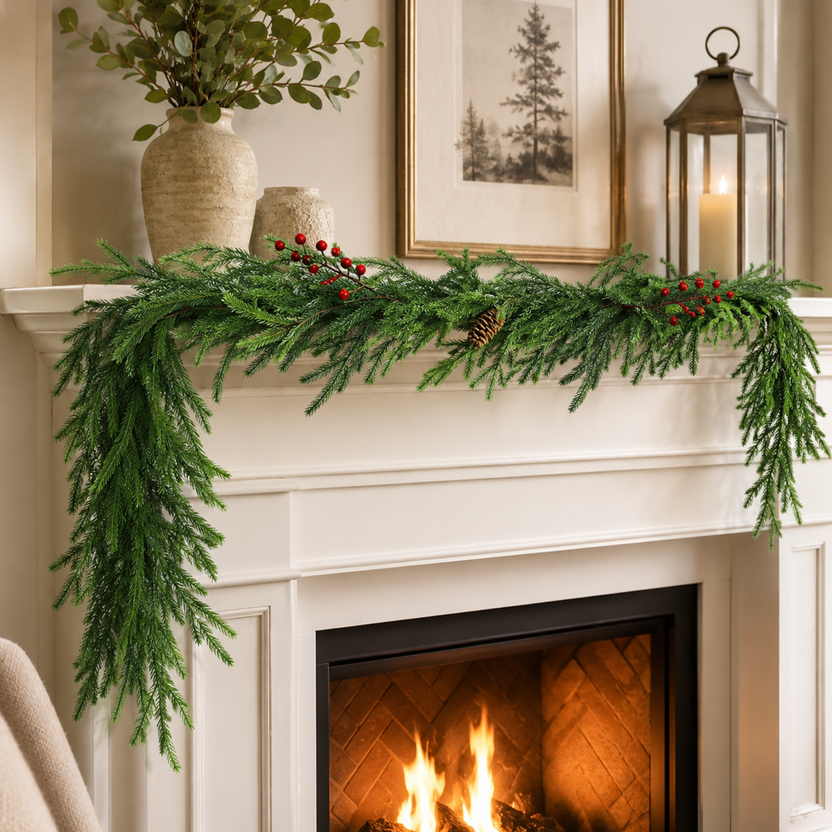 PUCACHI 2 Pcs 6 Ft Christmas Garland,Artificial Norfolk Pine Garlands with Red Berries Pinecone,Artificial Greenery Garland for Table,Mantle,Indoor,Outdoor Christmas Decorations（Green）