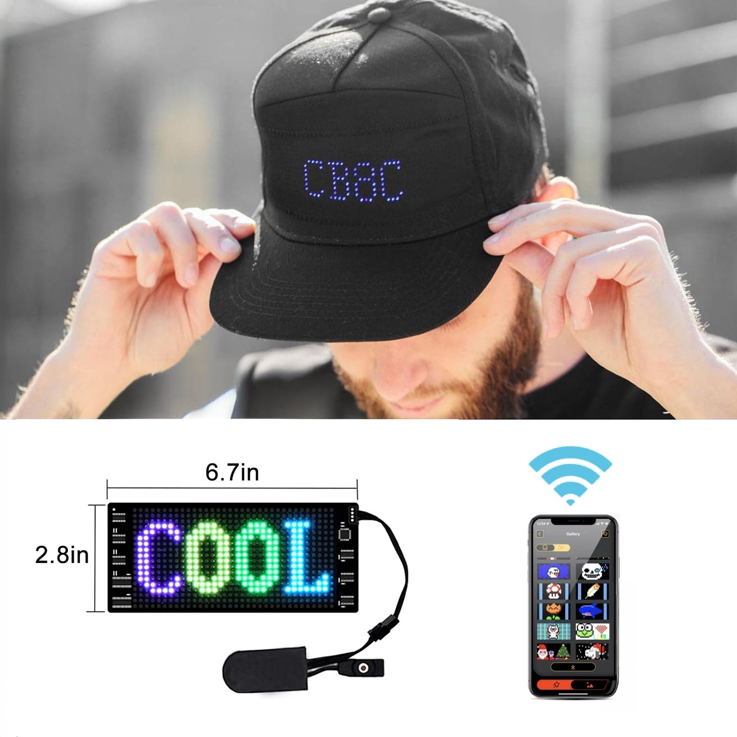 WHATOOK LED Display Cap Programmable Bluetooth App Controll Support Ios Phone System Glow DIY Edit Text Hat Baseball Cap for Outdoor Concert Carnival