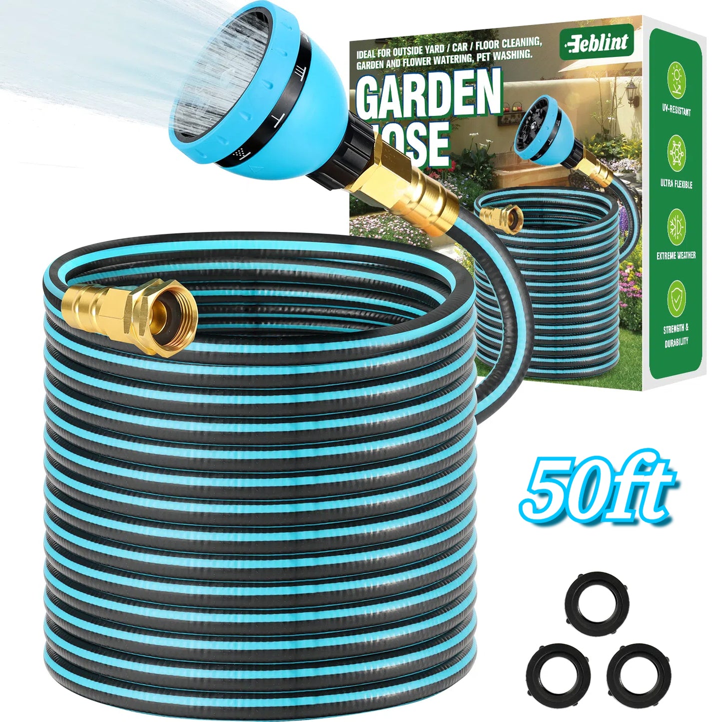 Teblint Ultra Lightweight Garden Hose 50FT, Heavy Duty Non-Expandable Water Hose Pipe, 3/4" Solid Swivel Fittings & 10 Function Spray Nozzle, Flexible Outdoor Hose, No Kink & Leak Proof (Blue)