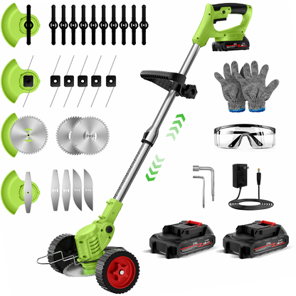 Teblint 650W Electric Weed Wacker, Cordless String Trimmer, Weed Eater Grass Trimmer/Edger/Cutter with Wheels, 2Pcs 21V Batteries, 5 Types of Blades, Adjustable Length for Lawn Yard Garden (Green)