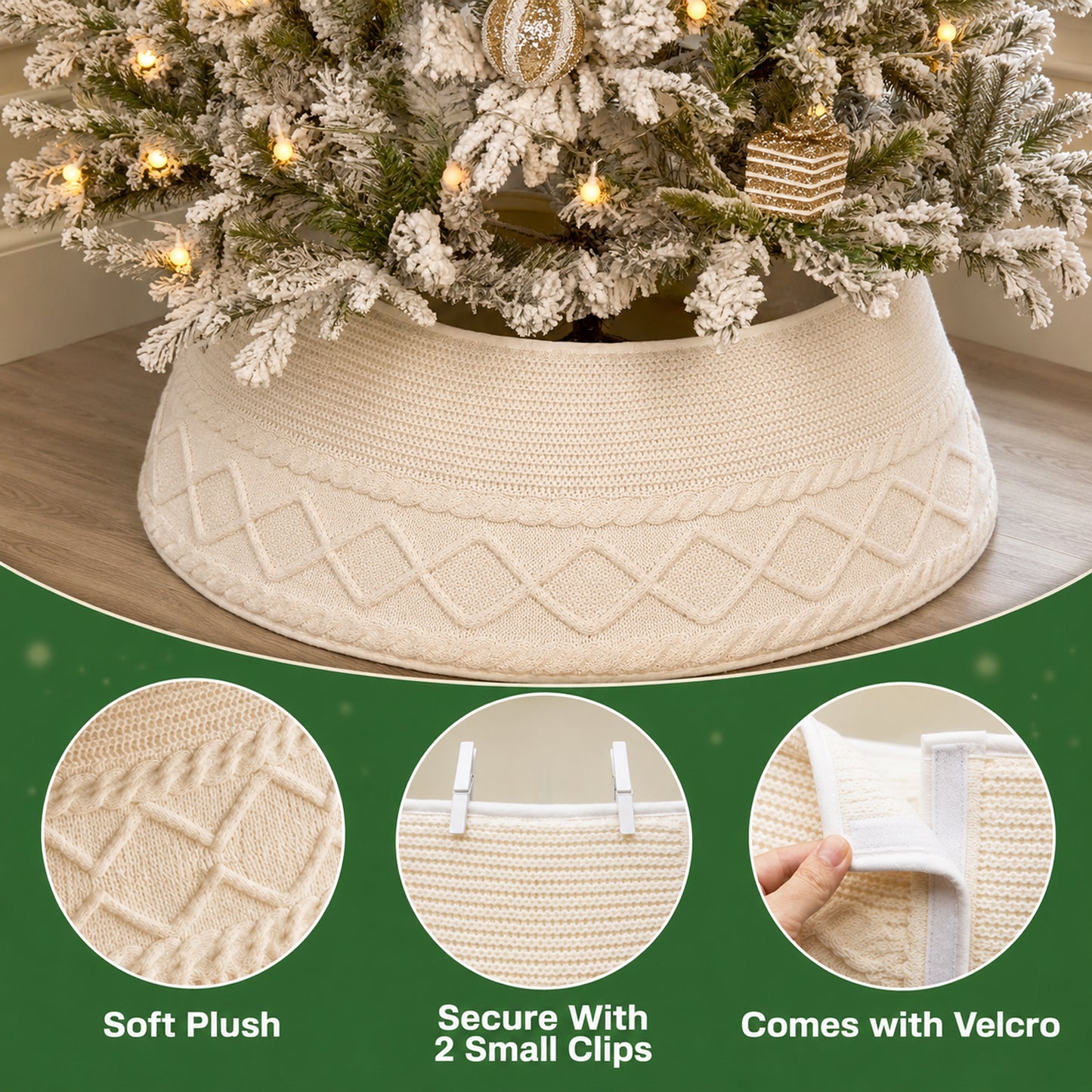 PUCACHI 24in Christmas Tree Collar,Knit White Rustic Farmhous Christmas Tree Ring,Adjustable Christmas Tree Base Cover for 6-7.5 Ft Artificial Trees
