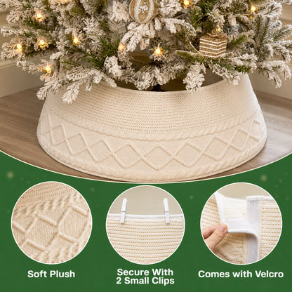 PUCACHI 24in Christmas Tree Collar,Knit White Rustic Farmhous Christmas Tree Ring,Adjustable Christmas Tree Base Cover for 6-7.5 Ft Artificial Trees