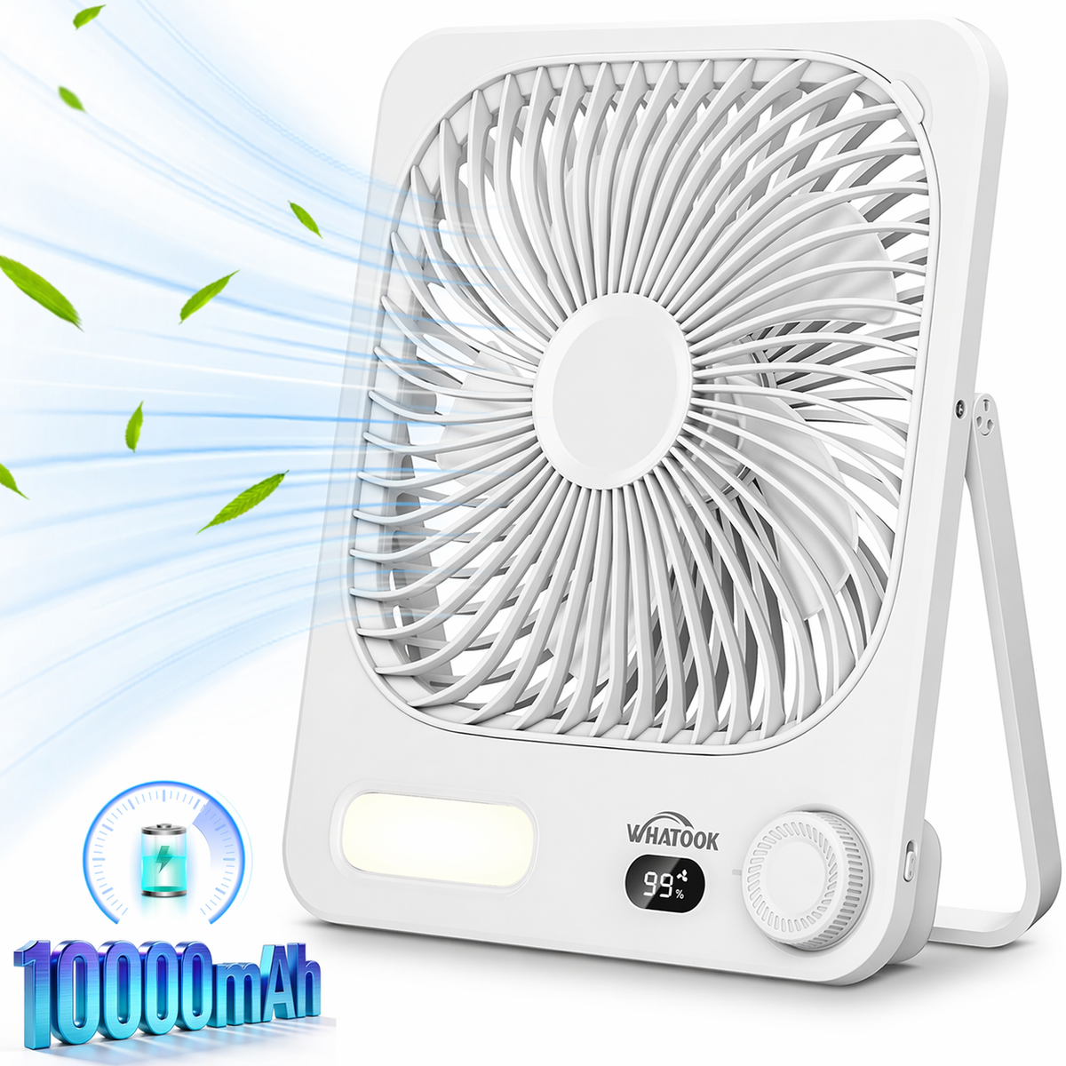 Henotian Travel Desk Fan, 8 in Battery Operated Fan with 10000mAh Rechargeable Battery, 40H Runtime, 100 Speeds, 180° Tilt Folding Portable Fan for Desktop, Home, Camping