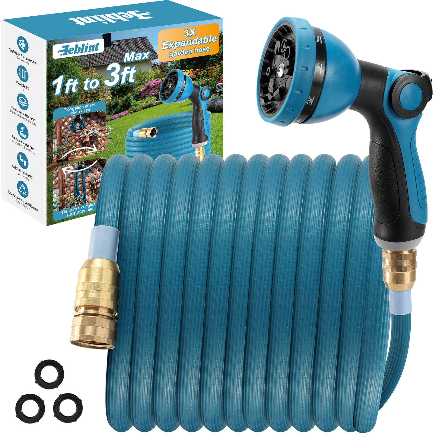 Teblint Expandable Garden Hose 75ft, 2025 New 3X Expandable Hose, Retractable Flexible Water Hose, 10 Pattern Spray Nozzle, Leakproof 3/4" Solid Brass Fittings, Lightweight & No-Kink(Blue)