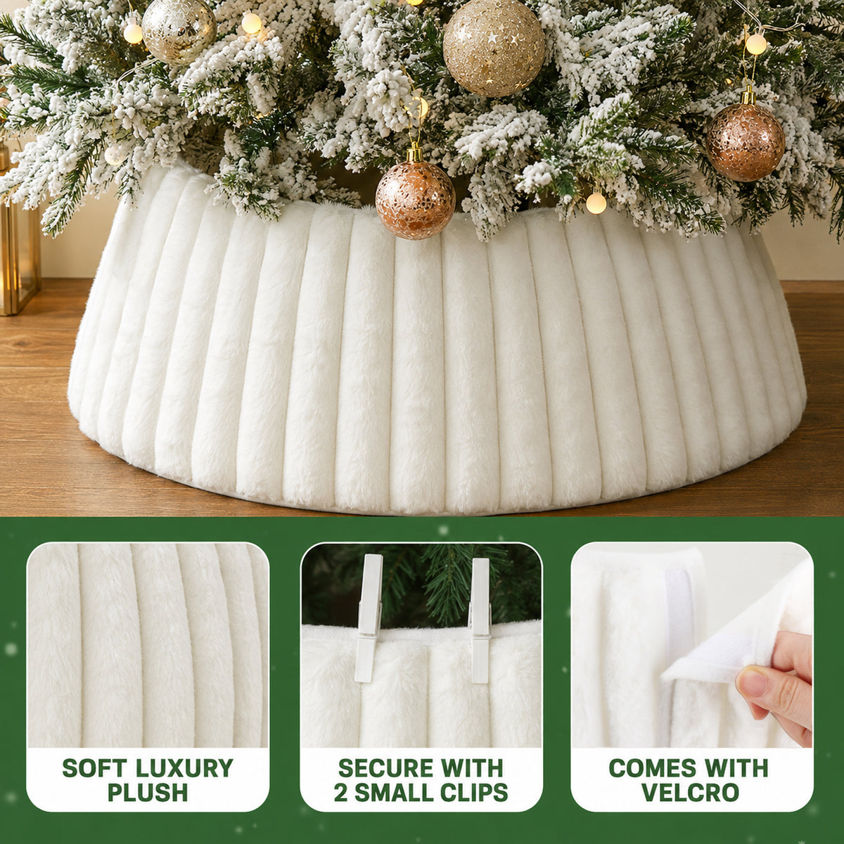 PUCACHI Christmas Tree Collar,Rustic White Luxury Plush Faux Fur AdjustableTree Ring with Stripe Textured Pattern,23-28in Boho Tree Collar Fits for a 4 - 6 Ft Christmas Tree Decor