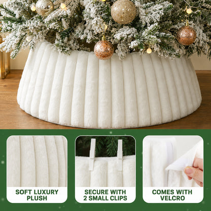 PUCACHI Christmas Tree Collar,Rustic White Luxury Plush Faux Fur AdjustableTree Ring with Stripe Textured Pattern,23-28in Boho Tree Collar Fits for a 4 - 6 Ft Christmas Tree Decor