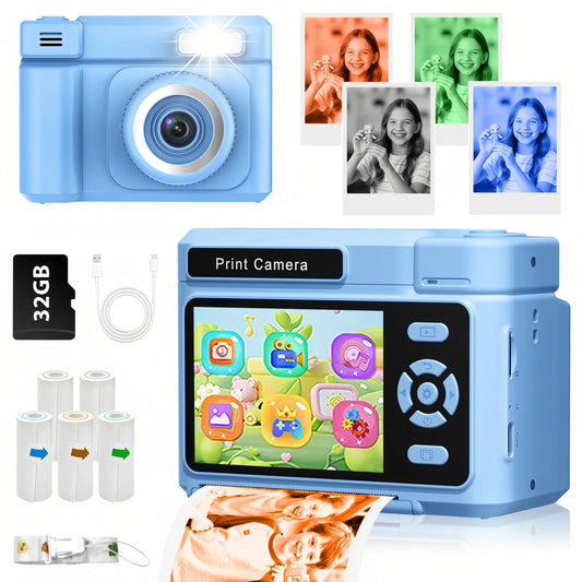Teblint 2.4" Kids Camera Instant Print, 48MP & 1080P HD Digital Camera with 32GB Card, 4-Color Print Paper, Christmas Birthday Gifts for Boys & Girls Age 3-12, Blue