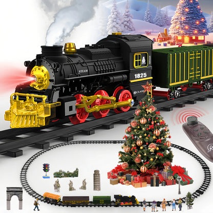 Teblint Train Set Toy with Remote Control, Electric Toy Train with Smoke, Lights & Sound, Rechargeable Steam Locomotive Engine Train Toy for 3 4 5 6 7 8+ Years Old Kids, Christmas Birthday Gift