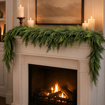 PUCACHI 6 Ft Christmas Garland,Real Touch Christmas Cedar Garland,Faux Lush Cedar Pine Garland,Artificial Greenery Garland for Table,Mantle, Fireplace,Window,Indoor,Outdoor Christmas Decorations