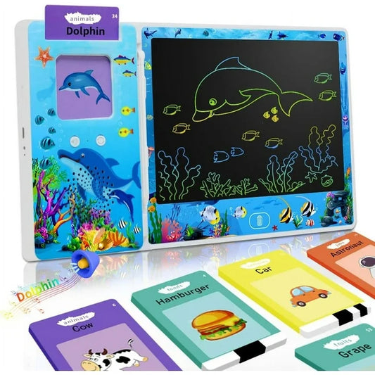 Ocean Style Talking Flash Cards for Toddlers 2-4 Years, 112 Flash Cards 224 Sight Words Speech Therapy Toys with LCD Writing Tablet, Talking Doodle Board Educational Learning Toys Gifts