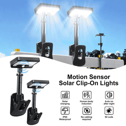 Merryhome Clip-on Solar Lights with Motion Sensor,3-Mode,360 Degree Rotation,92 LEDs,600LM Dual Charging,Waterproof Solar Fence Lights for Patio,Camp,Wall,Camping (2Pcs Cold Lights)