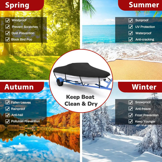 Teblint Waterproof Boat Cover, 20-22ft Trailerable Boat Cover, 420D Heavy Duty Oxford Mooring Cover for V-Hull Boat Runabouts with 5 Straps, Storage Bag (Black)