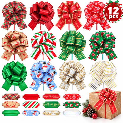 Gift Pull Bows, 12 Pack Christmas Ribbon Gift Bows, Decorative Gift Bows Ideal for Christmas Gift Wrapping, Christmas Decorations, Birthday Wrapping, Holiday Decorations and Floral Arrangements