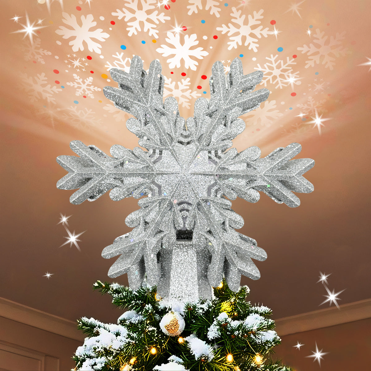 PUCACHI Silver Star Tree Topper with LED Rotating Star Projector Light for Indoor Outdoor Christmas Decoration