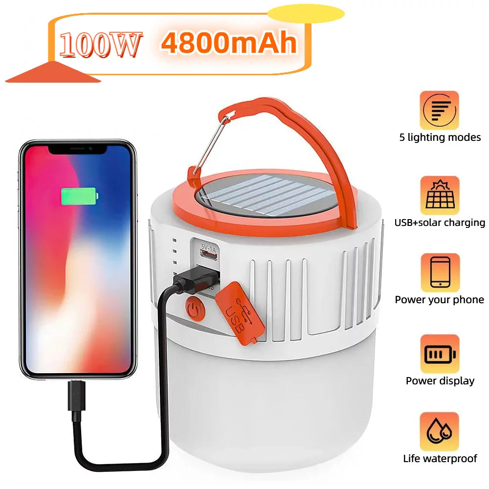 LED Camping Lantern Rechargeable, LED Tent Light, 5 Light Modes 4800mAh Power Bank, Solar Camp Lantern for Equipment Charging, Life Saving, Camping, Hiking, Fishing, Shelters