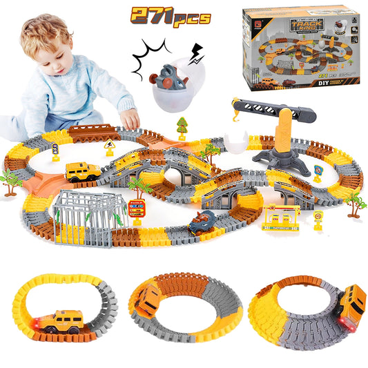 Teblint 271pcs Construction Race Car Tracks Set, Dinosaur Train Tracks Toy Car Vehicle Playset with 2 Cars and Flexible Tracks, Engineering Gifts for 3-7 Year Old Boys Girls