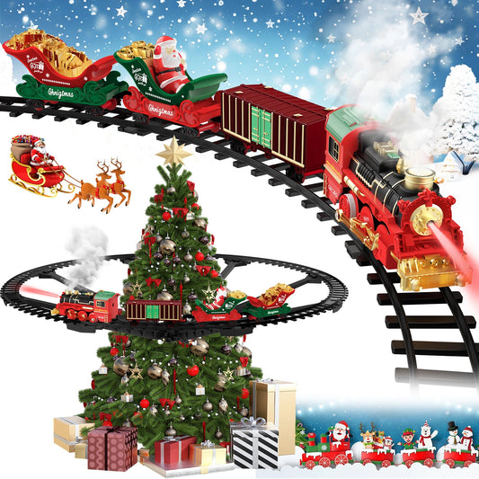 Teblint Christmas Train Set Toys, Hanging Train Toys Around & Under The Christmas Tree w/ Smoke Light & Sound, Indoor Christmas Decoration Toy Train Gifts for 3-12 Years Old Kids