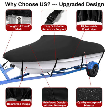 Teblint Waterproof Boat Cover, 20-22ft Trailerable Boat Cover, 420D Heavy Duty Oxford Mooring Cover for V-Hull Boat Runabouts with 5 Straps, Storage Bag (Black)