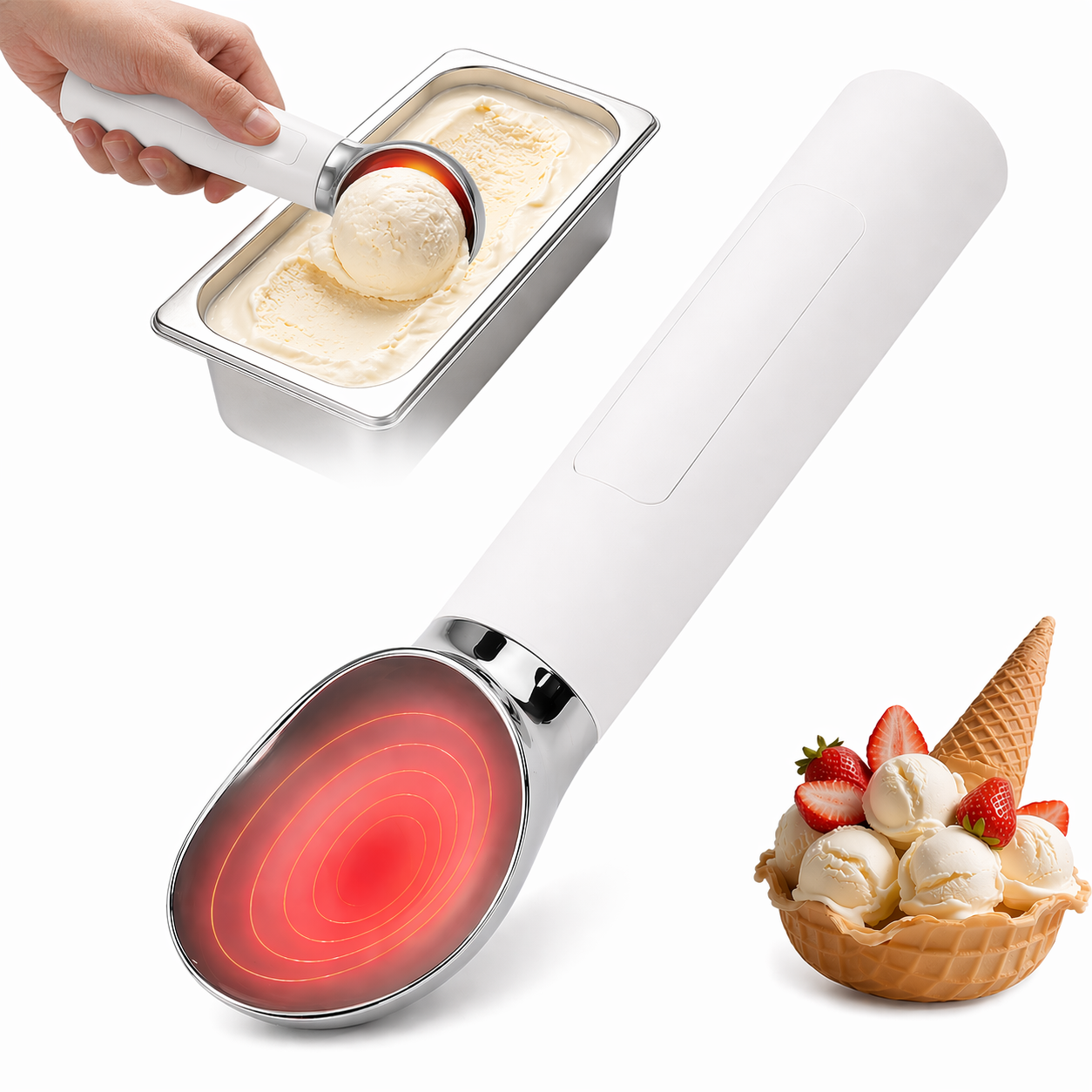 Henotian Heated Ice Cream Scoop, Rechargeable Electric Warming Scooper with LED Display, 158°F Fast Heating, Waterproof Easy Grip, USB-C Rechargeable Ice Cream Spoon, Easy Grip for Seniors/Kids