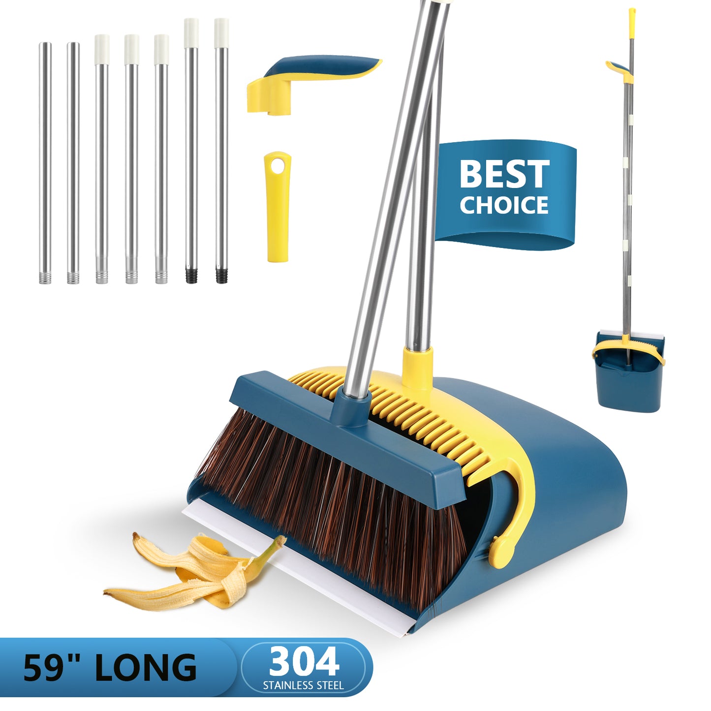 Broom with Dustpan Combo Set, 59" Long Adjustable Handle Broom Dustpan Combo with Dustpan Teeth to Automatically Clean Hair Suitable for Home Kitchen Office Hall Floor