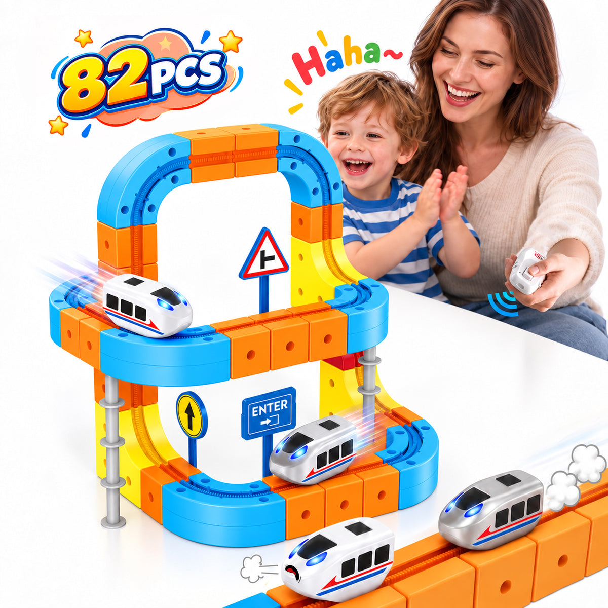 Electric Train Set, 82Pcs Race Track Anti-Gravity 3D Train Track with Dual Motorized Cars & Remote Control, STEM Learning Building Toy Gift for Boys & Girls Ages 3-8 Birthday Christmas