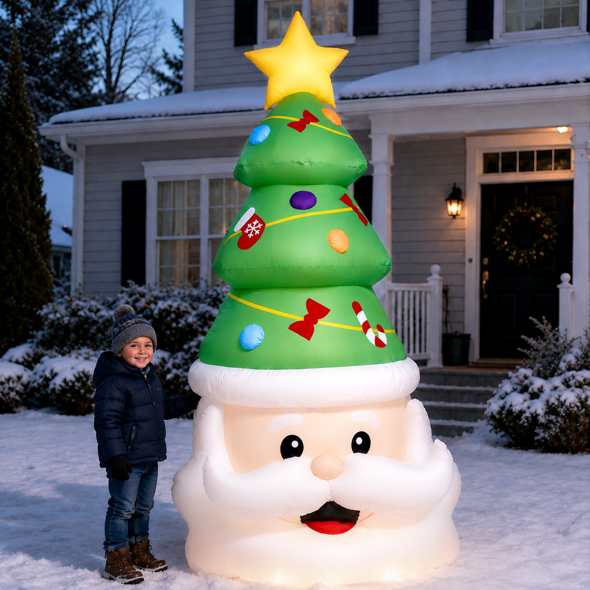 PUCACHI 8FT Christmas Inflatable Santa Claus and Tree Decoration, Built-in LED Lights Blow Up for Party Lawn Holiday Winter Outdoor Decor