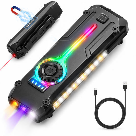 1800 Lumen EDC Rechargeable Flashlight, Stainless Steel Work light, UV & RGB Light, Stepless Dimming + Magnetic Base & Clip Waterproof Pocket Light for Camping, Repair, Emergency