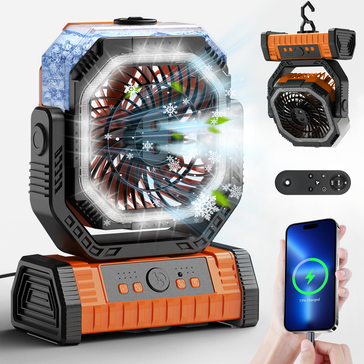 Merryhome 10000mAh Camping Misting Fan,Oscillating Camping Fan with Light,Rechargeable Fan with 9oz Water Tank,4 Speed & 4 Timer Settings Outdoor Fan for Camping（Orange）